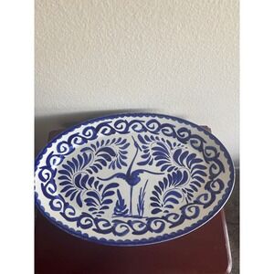 Anfora Mexico Hand Painted Blue White Crane Heron Oval Platter Serving Dish 15in